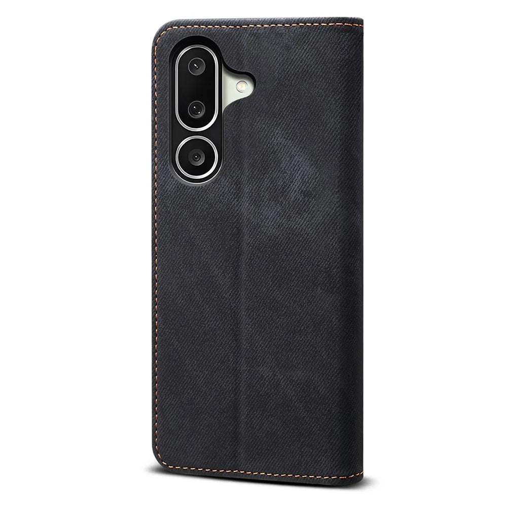 For Samsung Galaxy M56 5G Case Jeans Cloth Texture Anti-Scratch Leather Stand Phone Cover - Black - 6