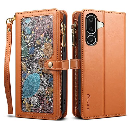 ESEBLE Galaxy Series For Samsung Galaxy M56 5G Case RFID Blocking Leather Zipper Phone Cover with Shoulder Strap + Wrist Strap - Brown - 1