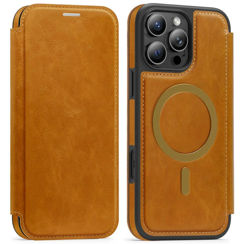 For iPhone 16 Pro Max Leather Case Compatible with MagSafe RFID Blocking Card Holder Phone Cover - Brown - 1