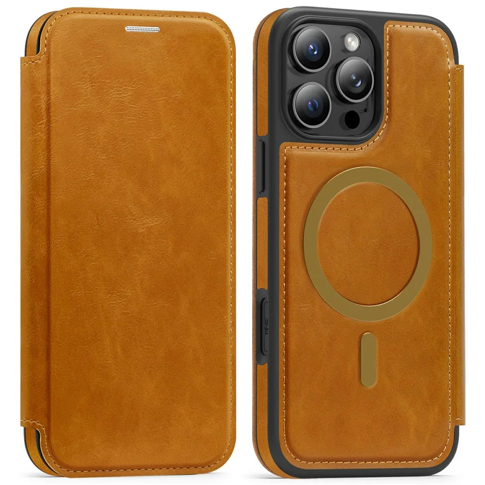 For iPhone 16 Pro Max Leather Case Compatible with MagSafe RFID Blocking Card Holder Phone Cover - Brown - 1