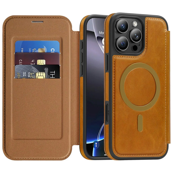 For iPhone 16 Pro Max Leather Case Compatible with MagSafe RFID Blocking Card Holder Phone Cover - Brown - 2