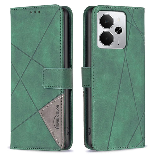 BINFEN COLOR For Realme 14 5G Phone Cases Wallet Stand Geometry Imprinted Leather Cover - Green - 1