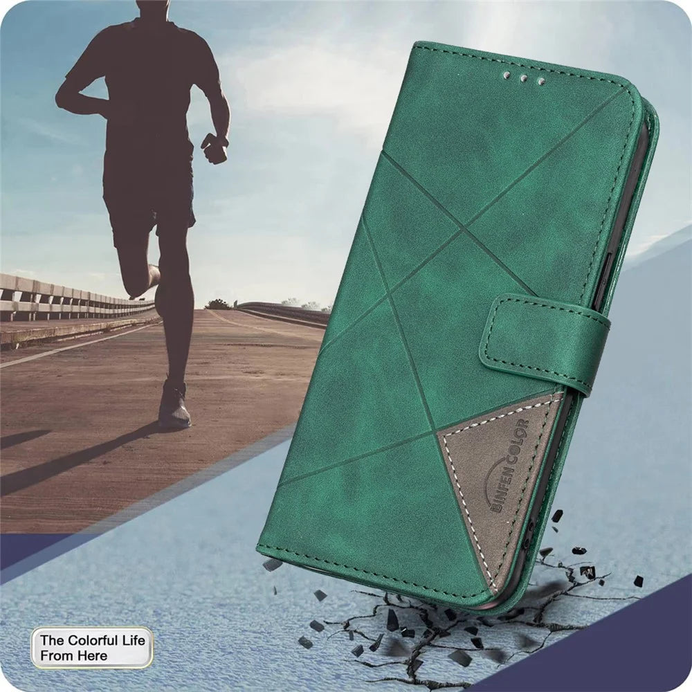 BINFEN COLOR For Realme 14 5G Phone Cases Wallet Stand Geometry Imprinted Leather Cover - Green - 4