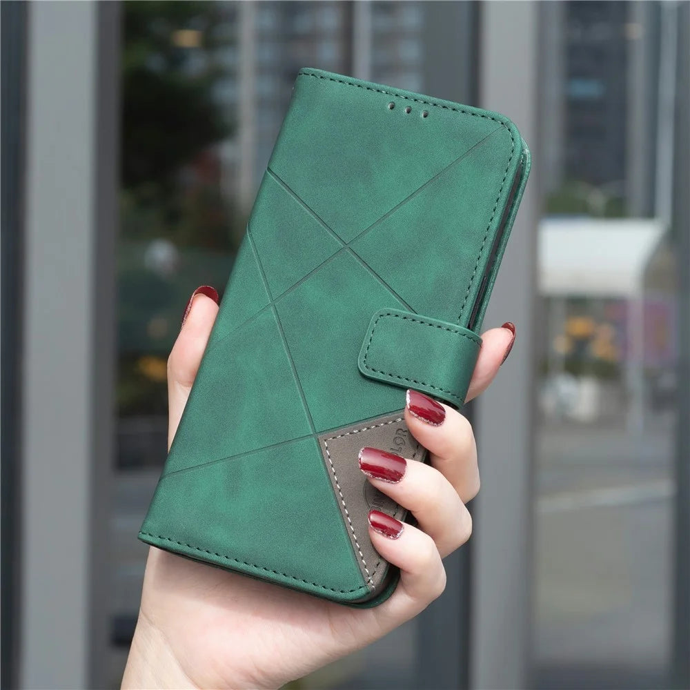 BINFEN COLOR For Realme 14 5G Phone Cases Wallet Stand Geometry Imprinted Leather Cover - Green - 5