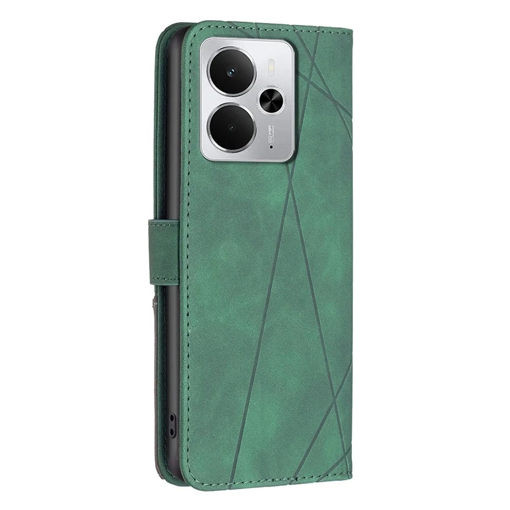 BINFEN COLOR For Realme 14 5G Phone Cases Wallet Stand Geometry Imprinted Leather Cover - Green - 7