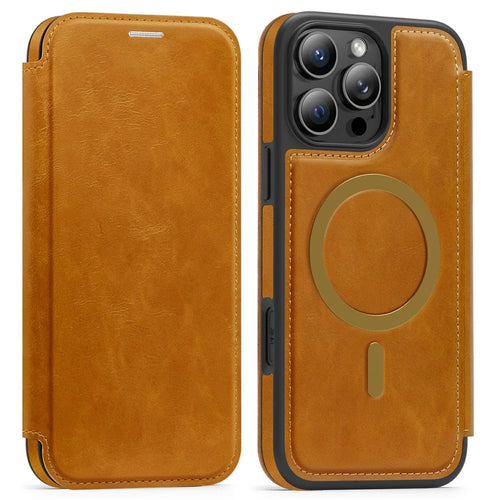 For iPhone 16 Pro Leather Case Compatible with MagSafe RFID Blocking Card Holder Phone Cover - Brown - 1