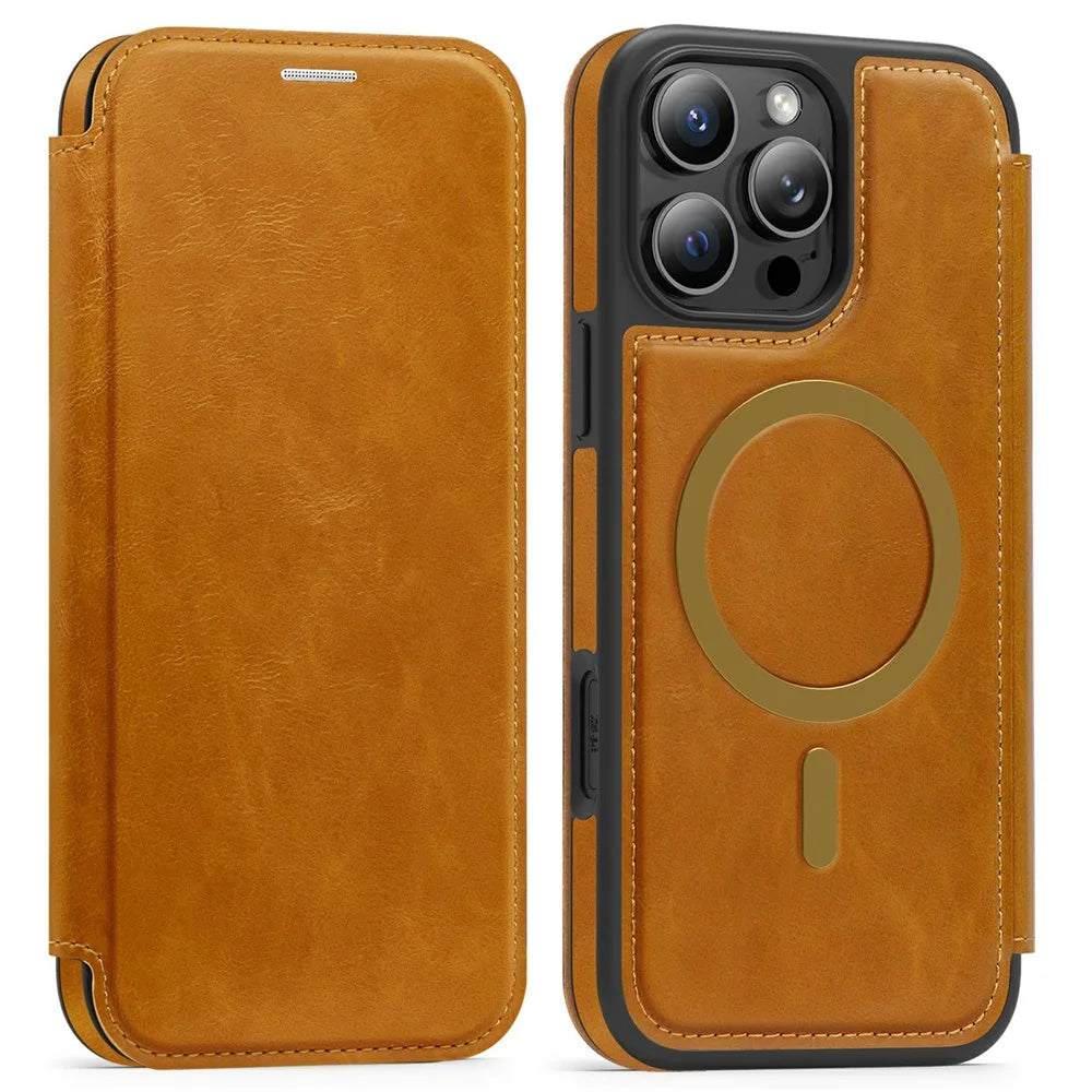For iPhone 16 Pro Leather Case Compatible with MagSafe RFID Blocking Card Holder Phone Cover - Brown - 1