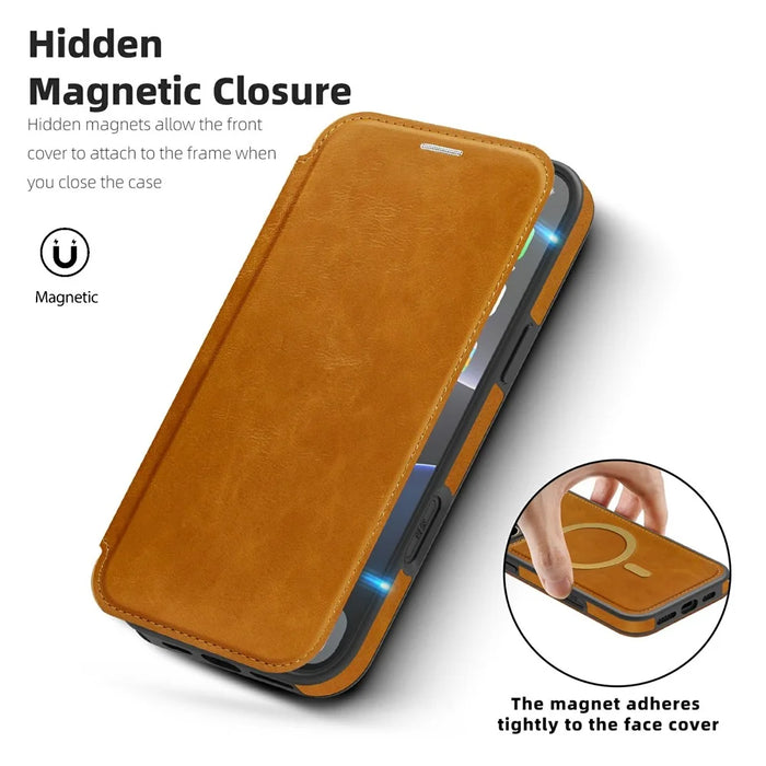 For iPhone 16 Pro Leather Case Compatible with MagSafe RFID Blocking Card Holder Phone Cover - Brown - 4