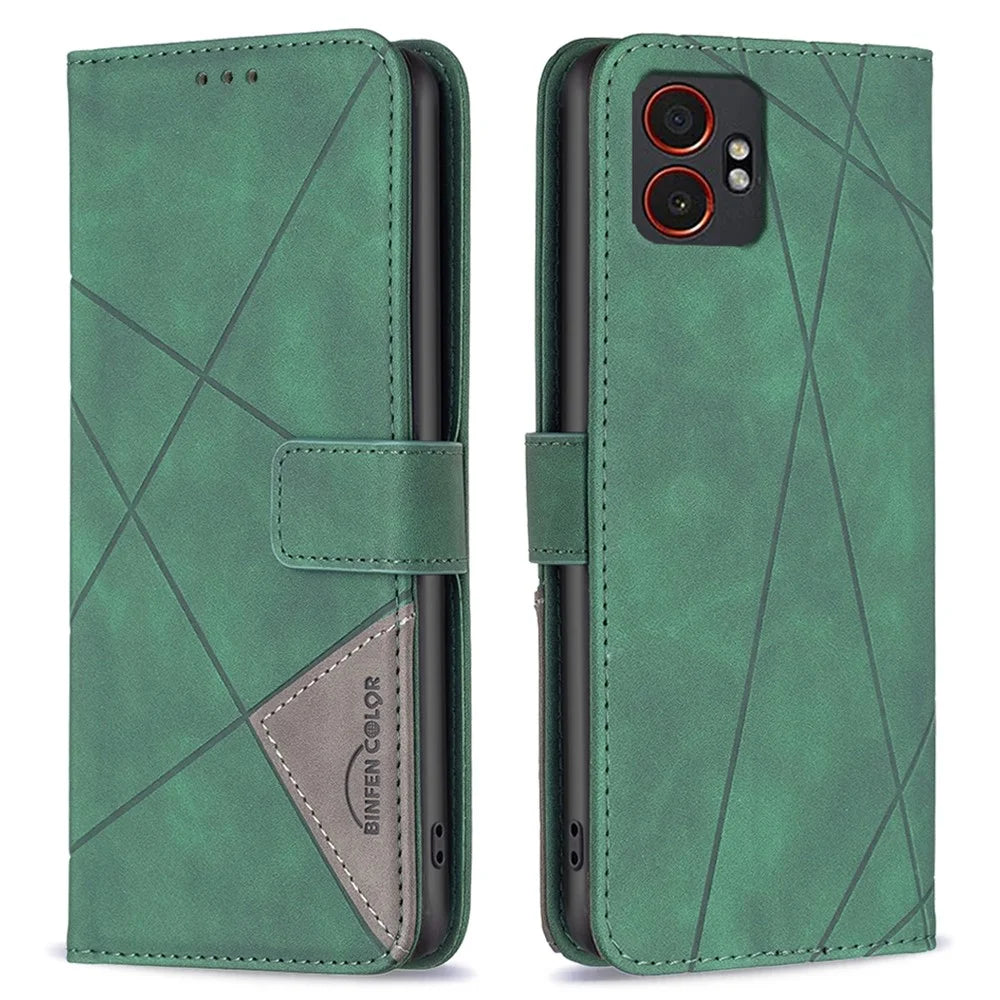 BINFEN COLOR For Samsung Galaxy XCover7 Pro Phone Cases Wallet Stand Geometry Imprinted Leather Cover - Green - 1