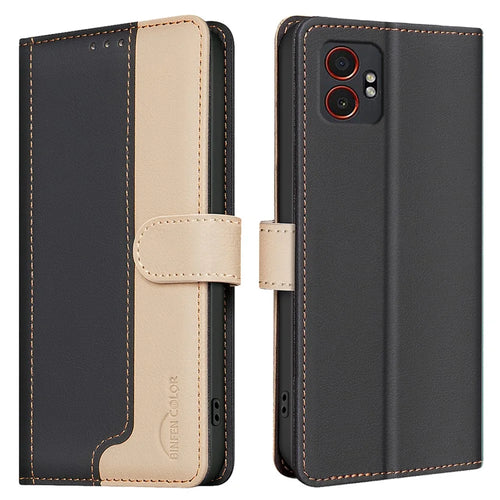 BINFEN COLOR BF33 For Samsung Galaxy XCover7 Pro Leather Case Splicing Color RFID Blocking Wallet Stand Phone Cover - Black - 1