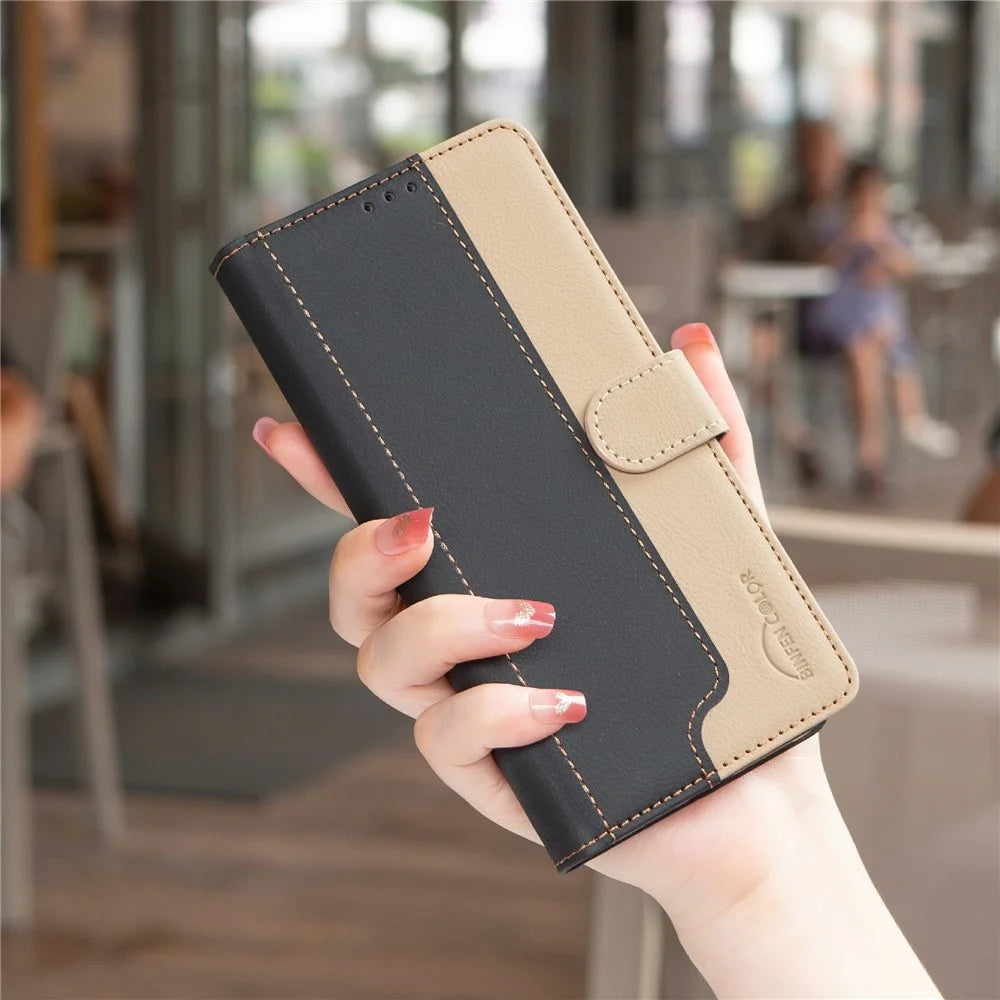 BINFEN COLOR BF33 For Samsung Galaxy XCover7 Pro Leather Case Splicing Color RFID Blocking Wallet Stand Phone Cover - Black - 7