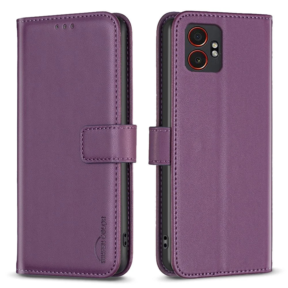 BINFEN COLOR BF17 For Samsung Galaxy XCover7 Pro Case Wallet Folio Flip Leather Cover - Dark Purple - 1