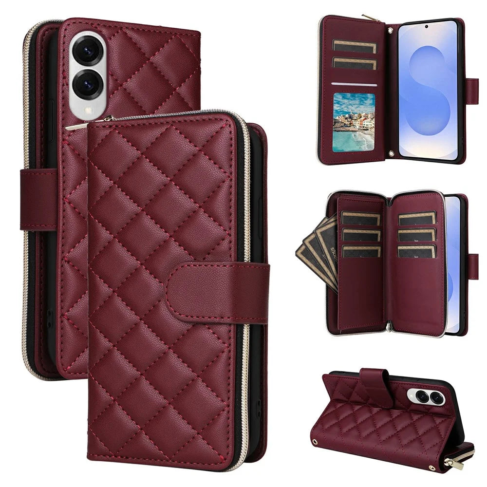For Samsung Galaxy S25 Edge Case Zipper Wallet Rhombus PU Leather Crossbody Phone Bag - Wine Red - 1