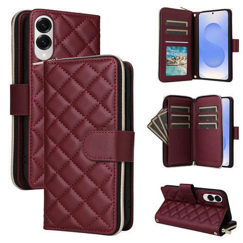 For Samsung Galaxy S25 Edge Case Zipper Wallet Rhombus PU Leather Crossbody Phone Bag - Wine Red - 1