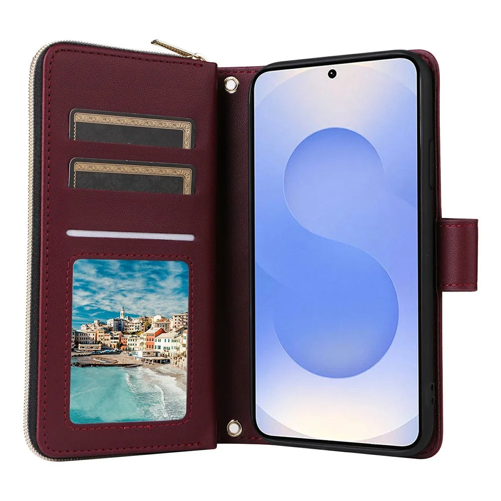 For Samsung Galaxy S25 Edge Case Zipper Wallet Rhombus PU Leather Crossbody Phone Bag - Wine Red - 2