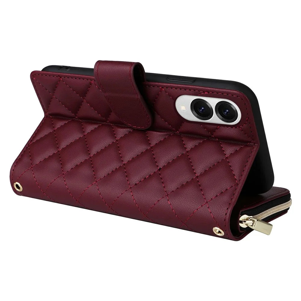 For Samsung Galaxy S25 Edge Case Zipper Wallet Rhombus PU Leather Crossbody Phone Bag - Wine Red - 5