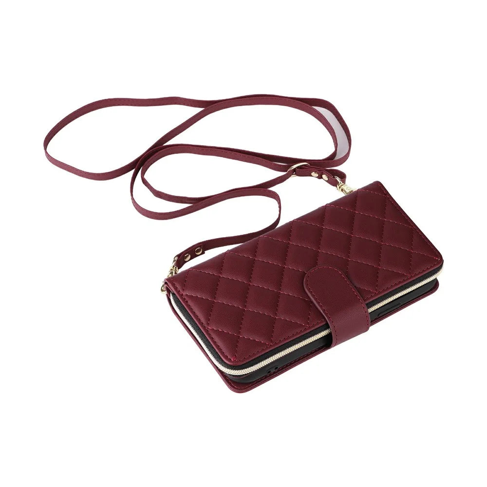For Samsung Galaxy S25 Edge Case Zipper Wallet Rhombus PU Leather Crossbody Phone Bag - Wine Red - 6