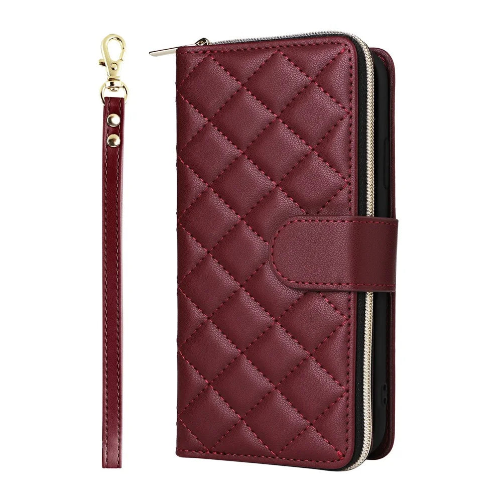 For Samsung Galaxy S25 Edge Case Zipper Wallet Rhombus PU Leather Crossbody Phone Bag - Wine Red - 7