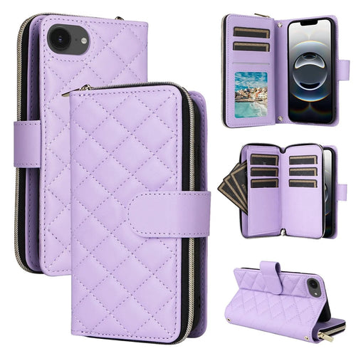 For iPhone 17e / 16e Case Zipper Wallet Rhombus PU Leather Crossbody Phone Bag - Purple - 1