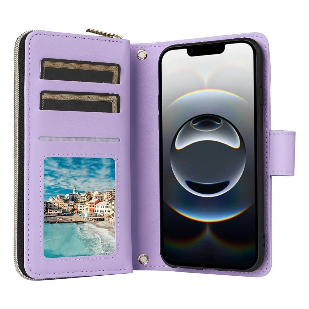For iPhone 17e / 16e Case Zipper Wallet Rhombus PU Leather Crossbody Phone Bag - Purple - 2