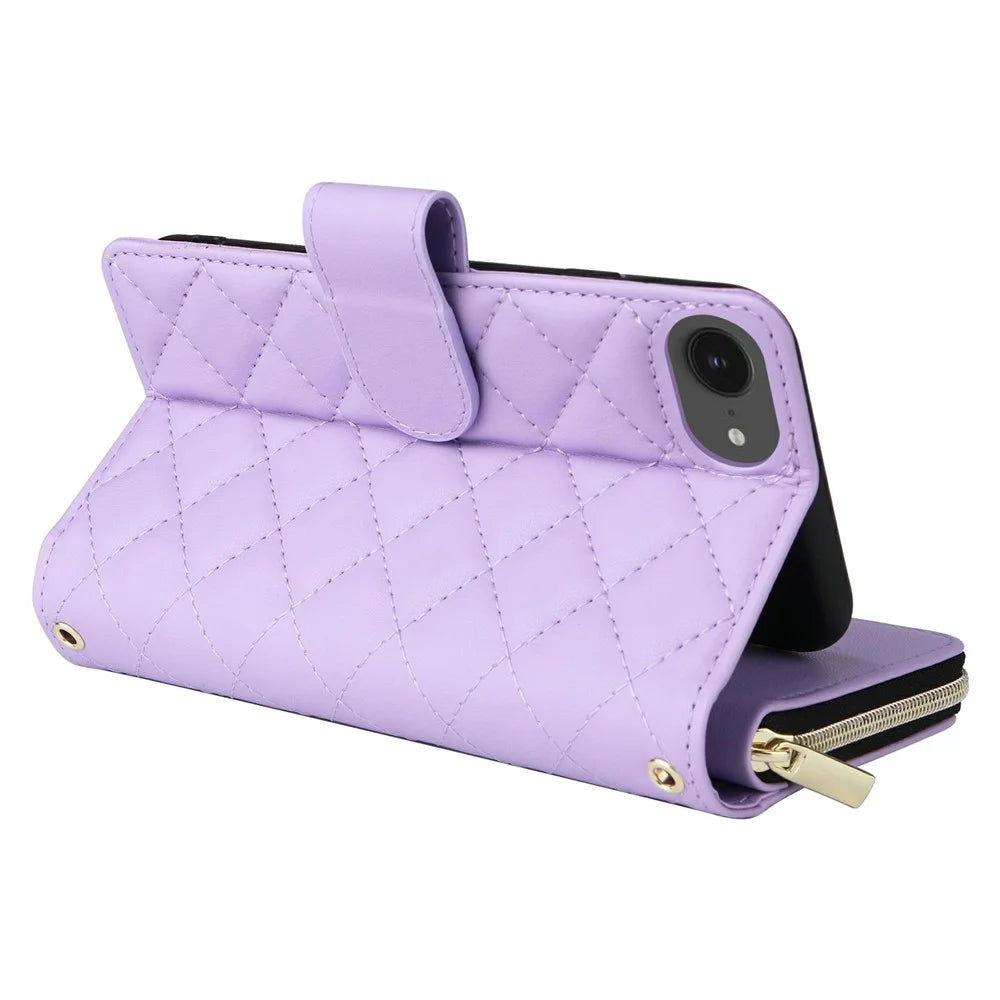 For iPhone 17e / 16e Case Zipper Wallet Rhombus PU Leather Crossbody Phone Bag - Purple - 5