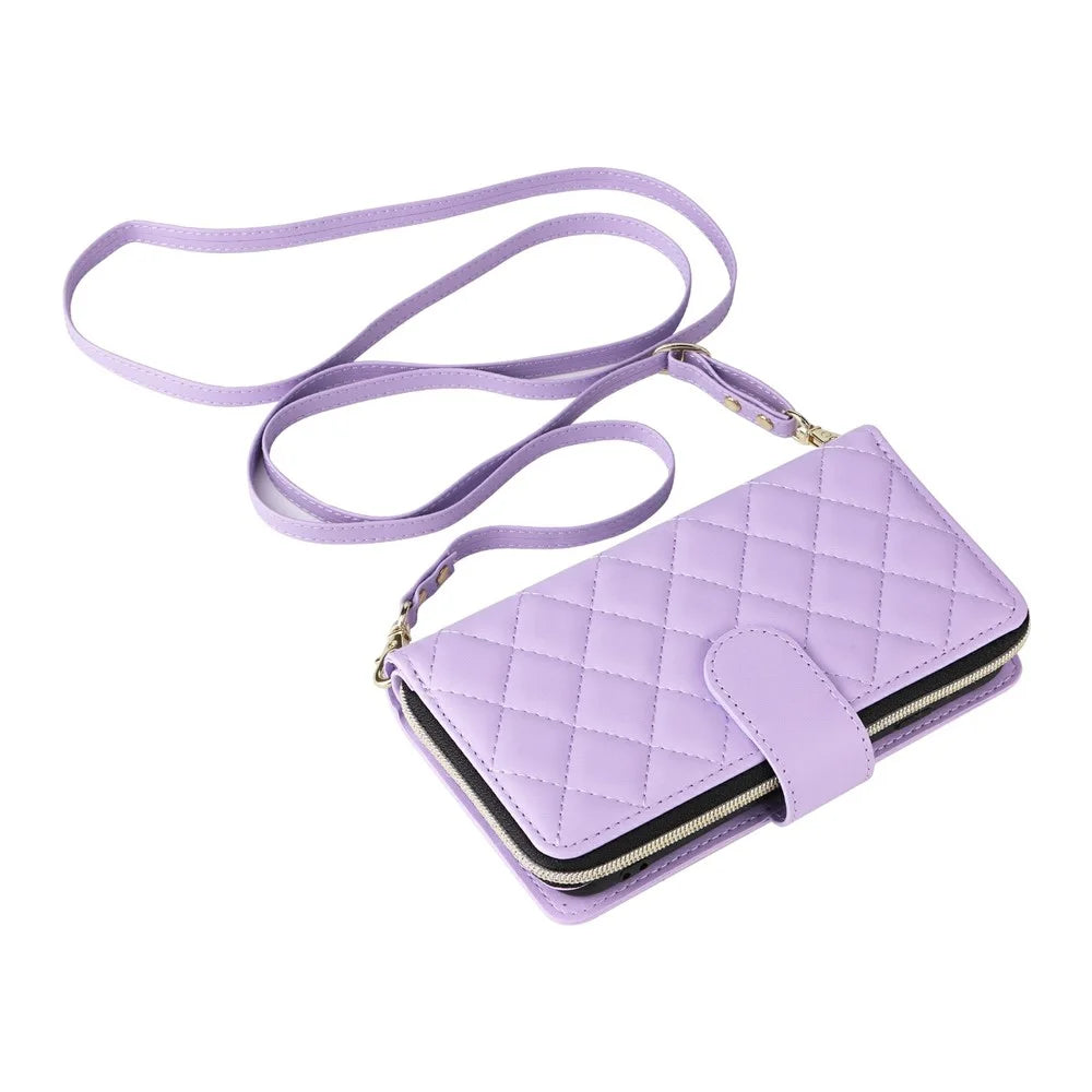 For iPhone 17e / 16e Case Zipper Wallet Rhombus PU Leather Crossbody Phone Bag - Purple - 6