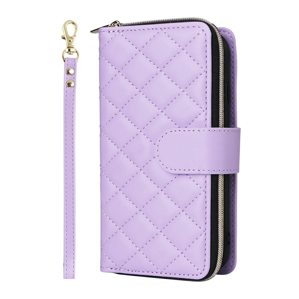 For iPhone 17e / 16e Case Zipper Wallet Rhombus PU Leather Crossbody Phone Bag - Purple - 7