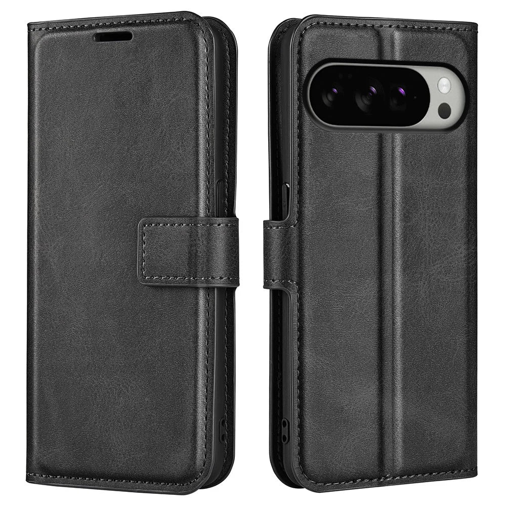 For Google Pixel 10 Pro XL Stand Case Anti-Scratch Calf Texture Leather Phone Cover - Black - 1