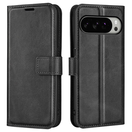 For Google Pixel 10 Pro XL Stand Case Anti-Scratch Calf Texture Leather Phone Cover - Black - 1