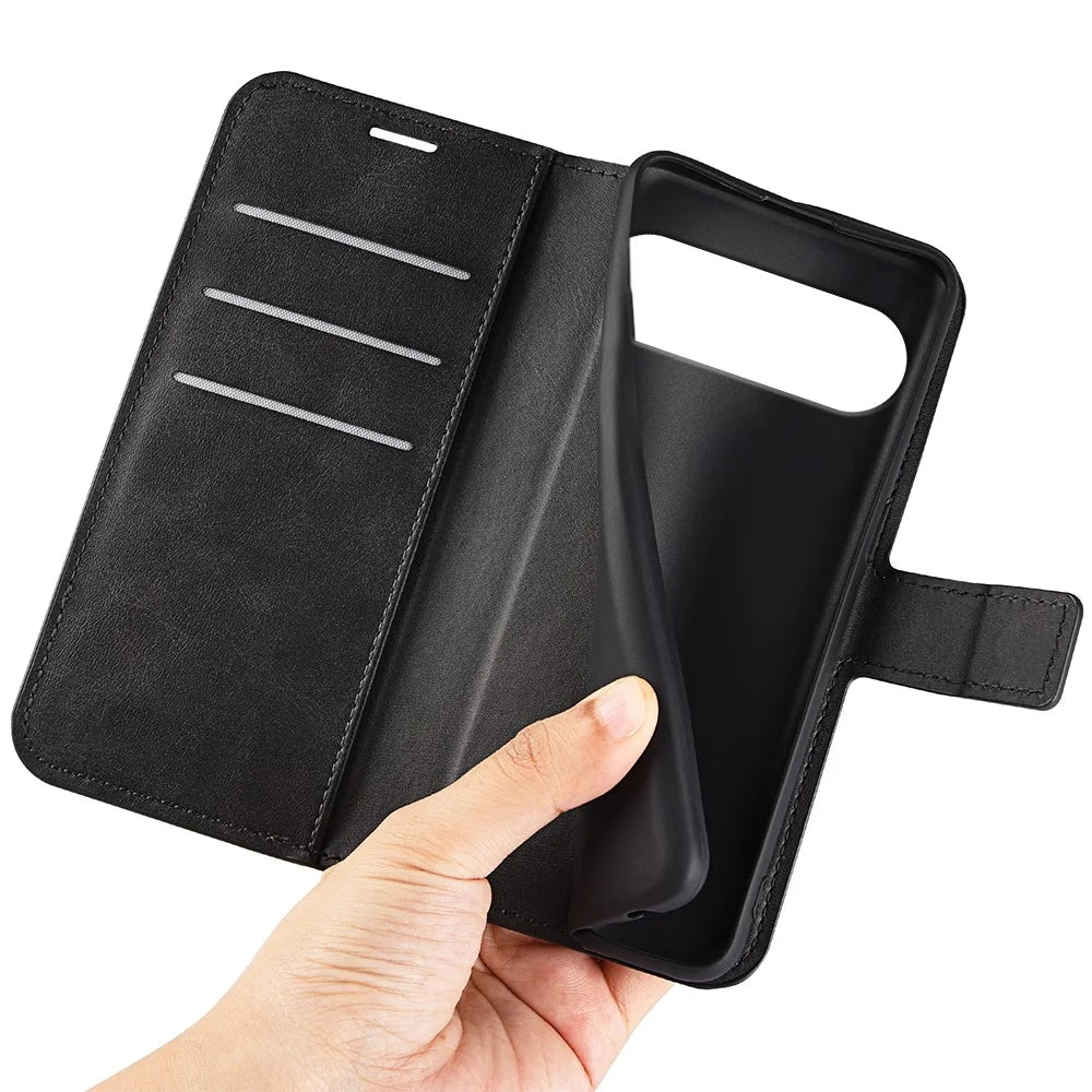 For Google Pixel 10 Pro XL Stand Case Anti-Scratch Calf Texture Leather Phone Cover - Black - 5