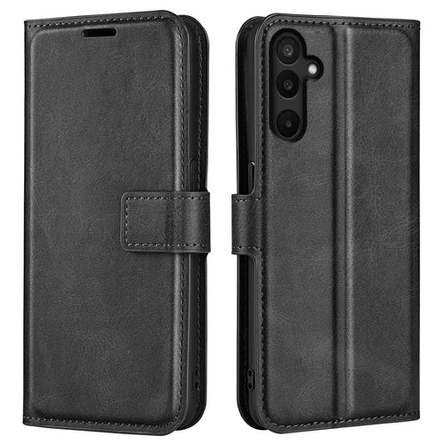For Samsung Galaxy M16 5G Stand Case Anti-Scratch Calf Texture Leather Phone Cover - Black - 1