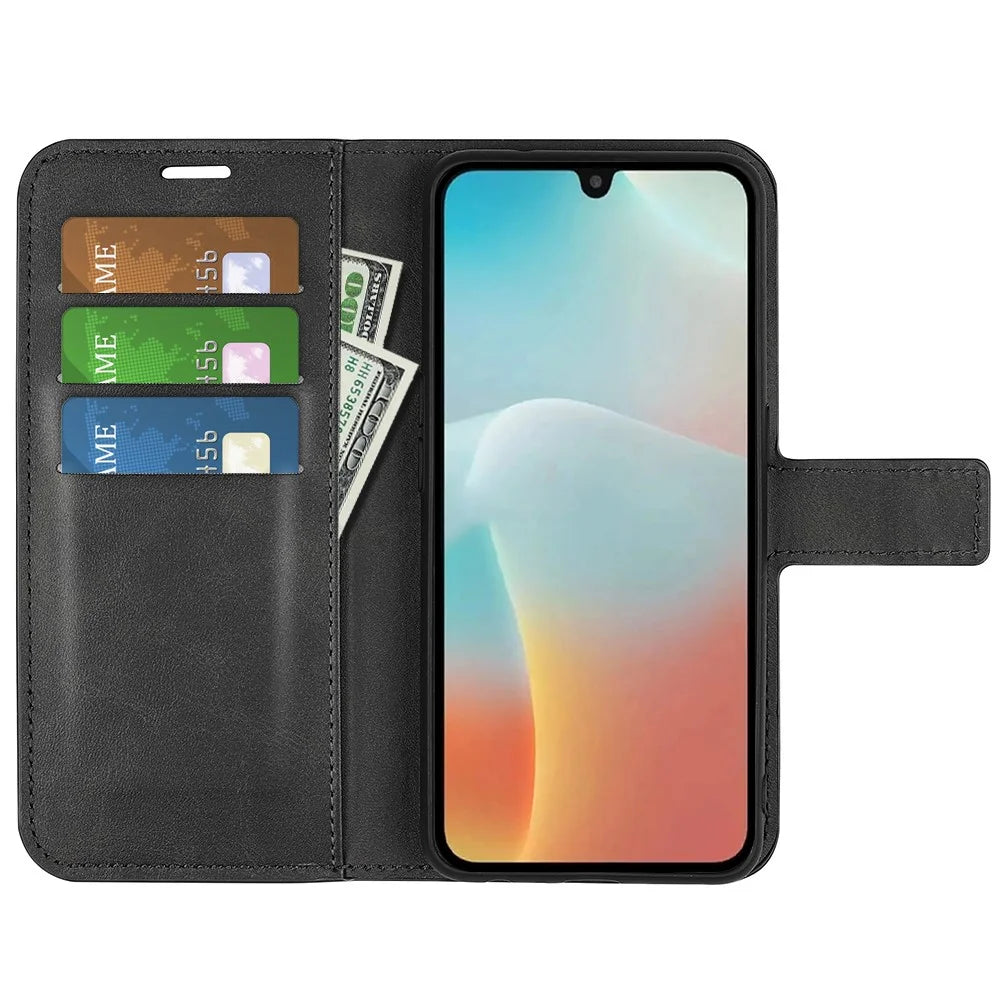 For Samsung Galaxy M16 5G Stand Case Anti-Scratch Calf Texture Leather Phone Cover - Black - 2