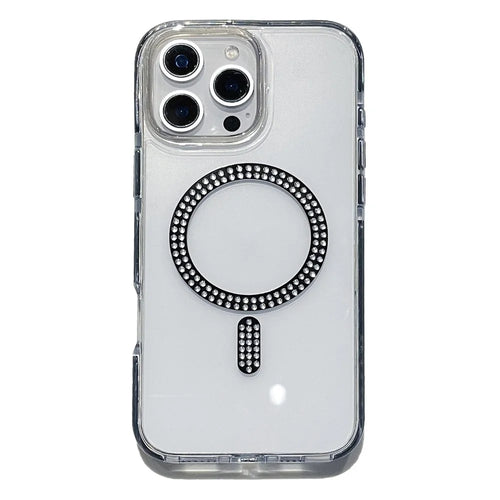 For iPhone 16 Pro Case Compatible with MagSafe Rhinestone Decor TPU + PC Phone Cover - Black - 1