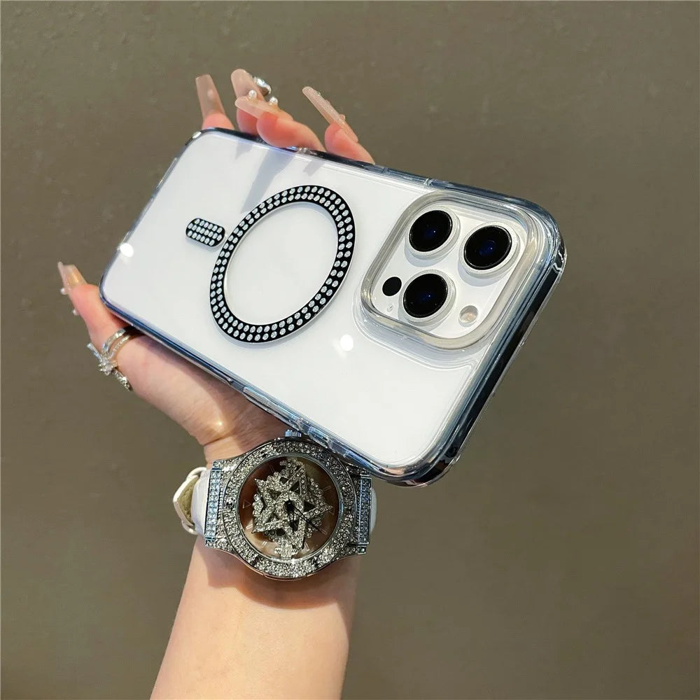For iPhone 16 Pro Case Compatible with MagSafe Rhinestone Decor TPU + PC Phone Cover - Black - 2
