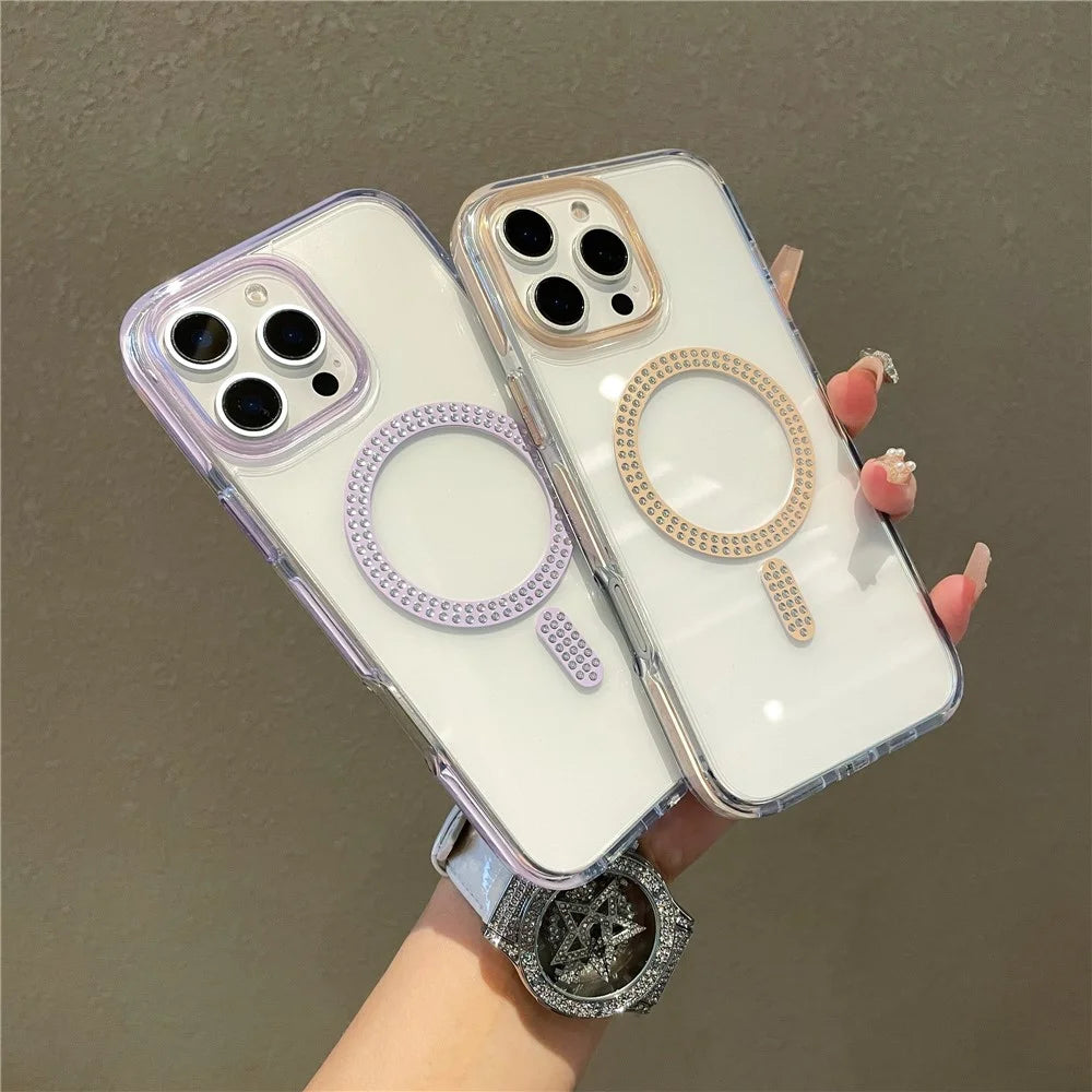 For iPhone 16 Pro Case Compatible with MagSafe Rhinestone Decor TPU + PC Phone Cover - Black - 3