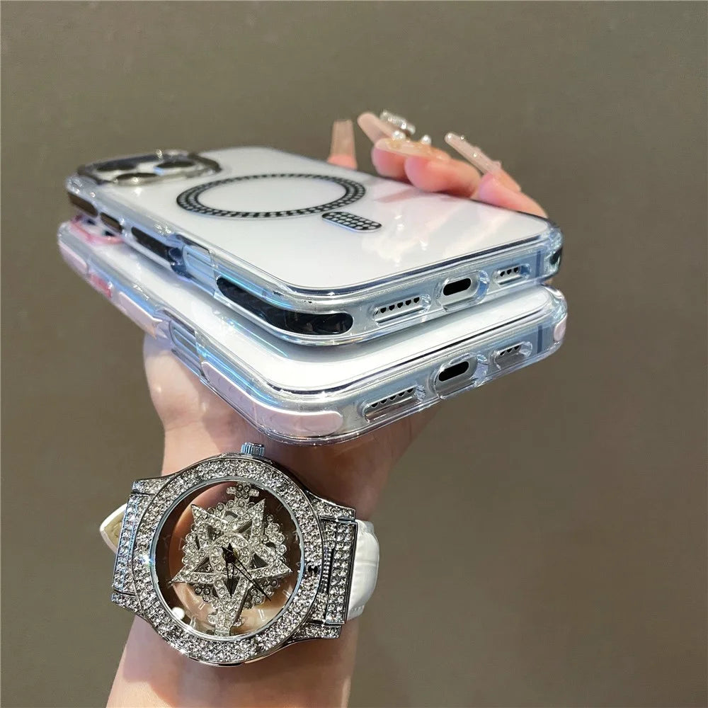 For iPhone 16 Pro Case Compatible with MagSafe Rhinestone Decor TPU + PC Phone Cover - Black - 4
