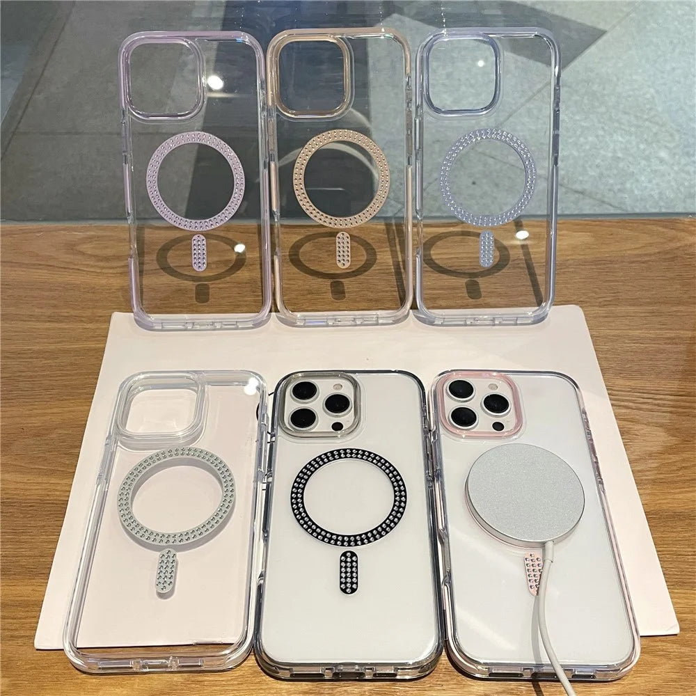For iPhone 16 Pro Case Compatible with MagSafe Rhinestone Decor TPU + PC Phone Cover - Black - 6