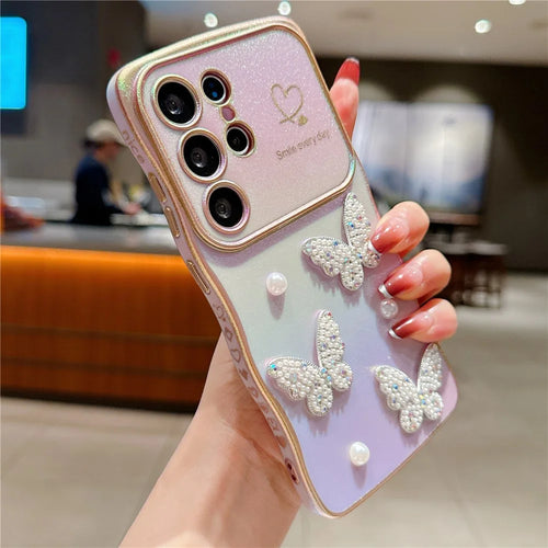 For Samsung Galaxy S25 Ultra Case Electroplating Wave Edge Dazzling Color TPU Phone Cover Pearl Butterfly Decor - Purple - 1