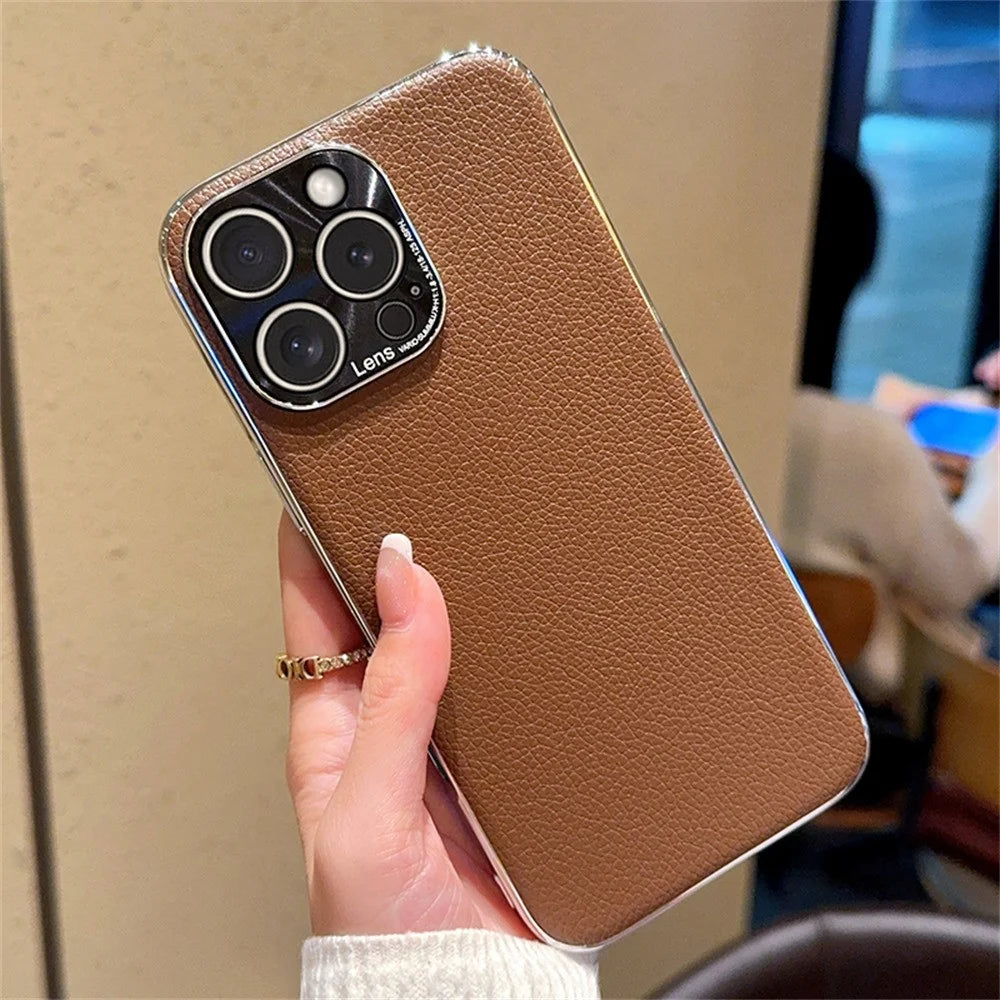 For iPhone 15 Pro Case Electroplating Edge Litchi Texture Leather + PC Phone Cover - Dark Coffee - 1