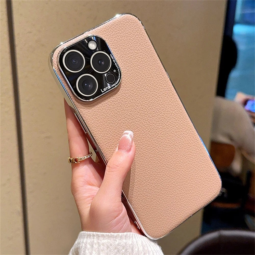 For iPhone 15 Pro Max Case Electroplating Edge Litchi Texture Leather + PC Phone Cover - Pink Coffee - 1