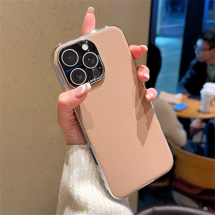 For iPhone 15 Pro Max Case Electroplating Edge Litchi Texture Leather + PC Phone Cover - Pink Coffee - 4