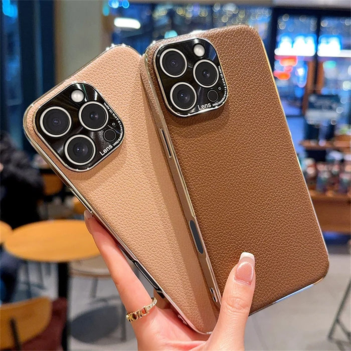 For iPhone 15 Pro Max Case Electroplating Edge Litchi Texture Leather + PC Phone Cover - Pink Coffee - 5
