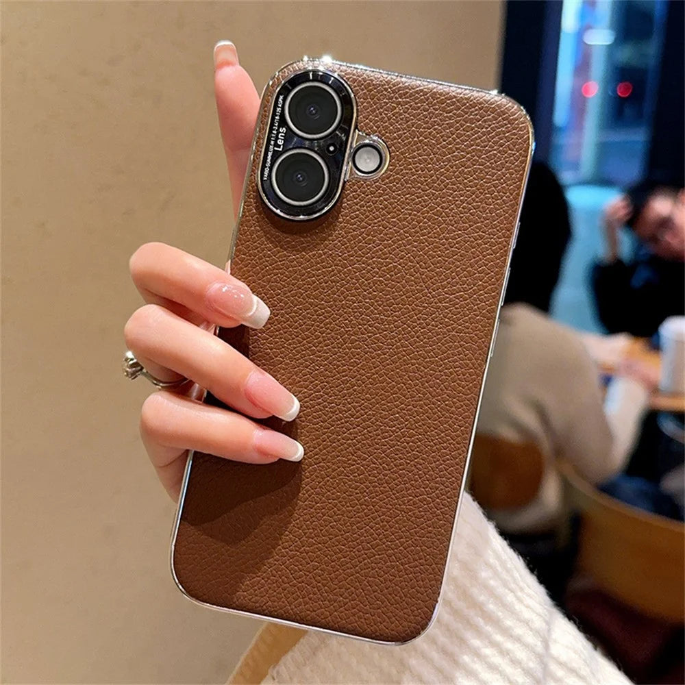 For iPhone 16 Case Electroplating Edge Litchi Texture Leather + PC Phone Cover - Dark Coffee - 1
