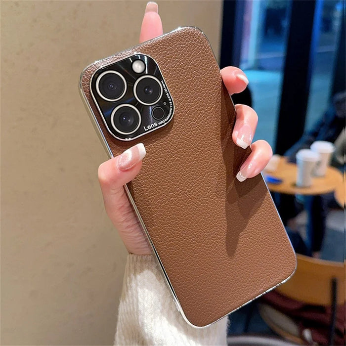 For iPhone 16 Pro Case Electroplating Edge Litchi Texture Leather + PC Phone Cover - Dark Coffee - 1