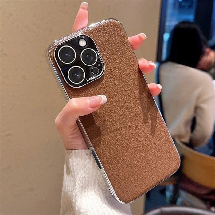 For iPhone 16 Pro Case Electroplating Edge Litchi Texture Leather + PC Phone Cover - Dark Coffee - 2