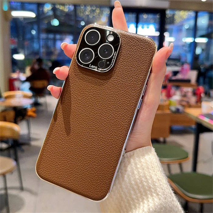 For iPhone 16 Pro Case Electroplating Edge Litchi Texture Leather + PC Phone Cover - Dark Coffee - 4