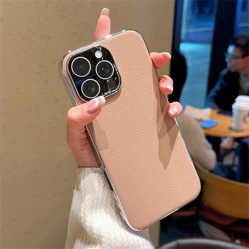 For iPhone 16 Pro Max Case Electroplating Edge Litchi Texture Leather + PC Phone Cover - Pink Coffee - 1
