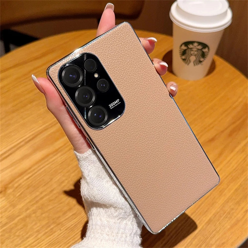For Samsung Galaxy S25 Ultra Case Electroplating Edge Litchi Texture Leather + PC Phone Cover - Pink Coffee - 1