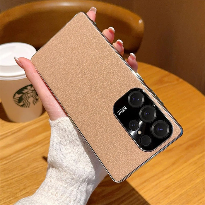 For Samsung Galaxy S25 Ultra Case Electroplating Edge Litchi Texture Leather + PC Phone Cover - Pink Coffee - 2