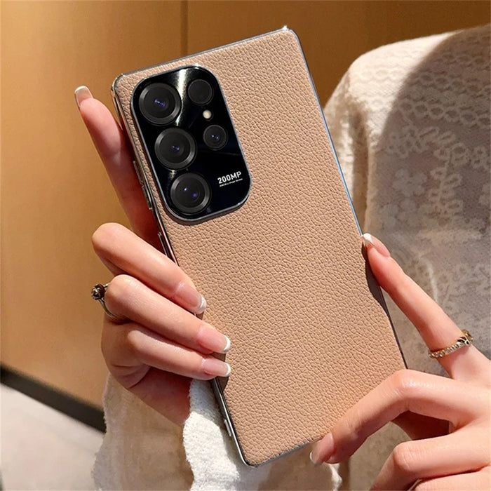 For Samsung Galaxy S25 Ultra Case Electroplating Edge Litchi Texture Leather + PC Phone Cover - Pink Coffee - 5